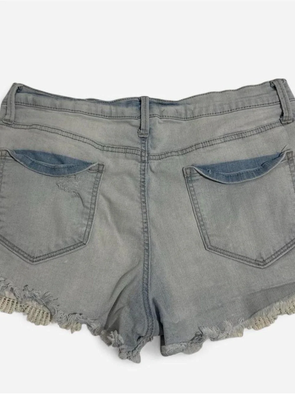 Mudd Light Blue Distressed Denim Shorts with Crochet Trim